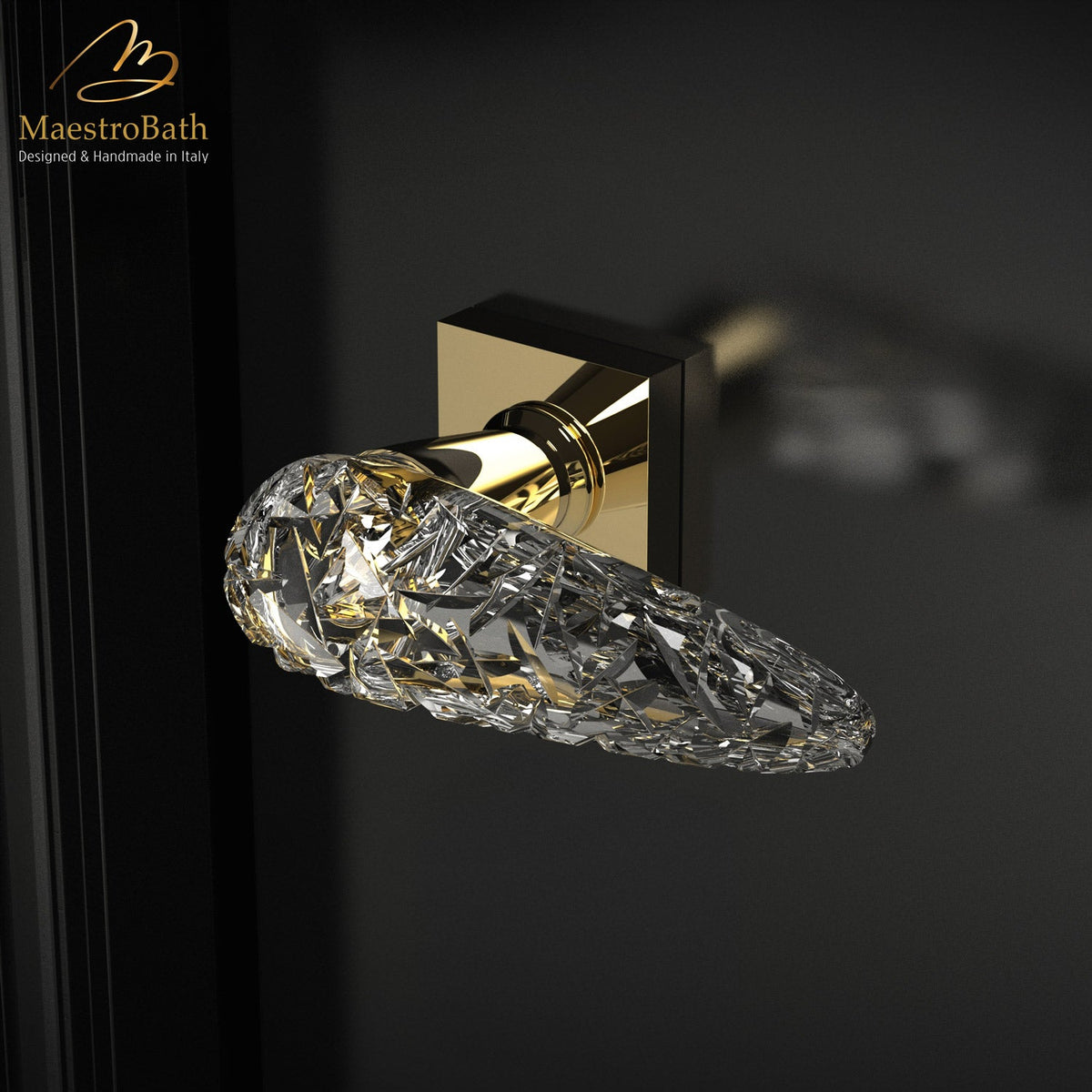 Designer Crystal Door Handle, shown in transparent handle and gold hardware, 5.1 inch by 2 inch by 3.5 inch