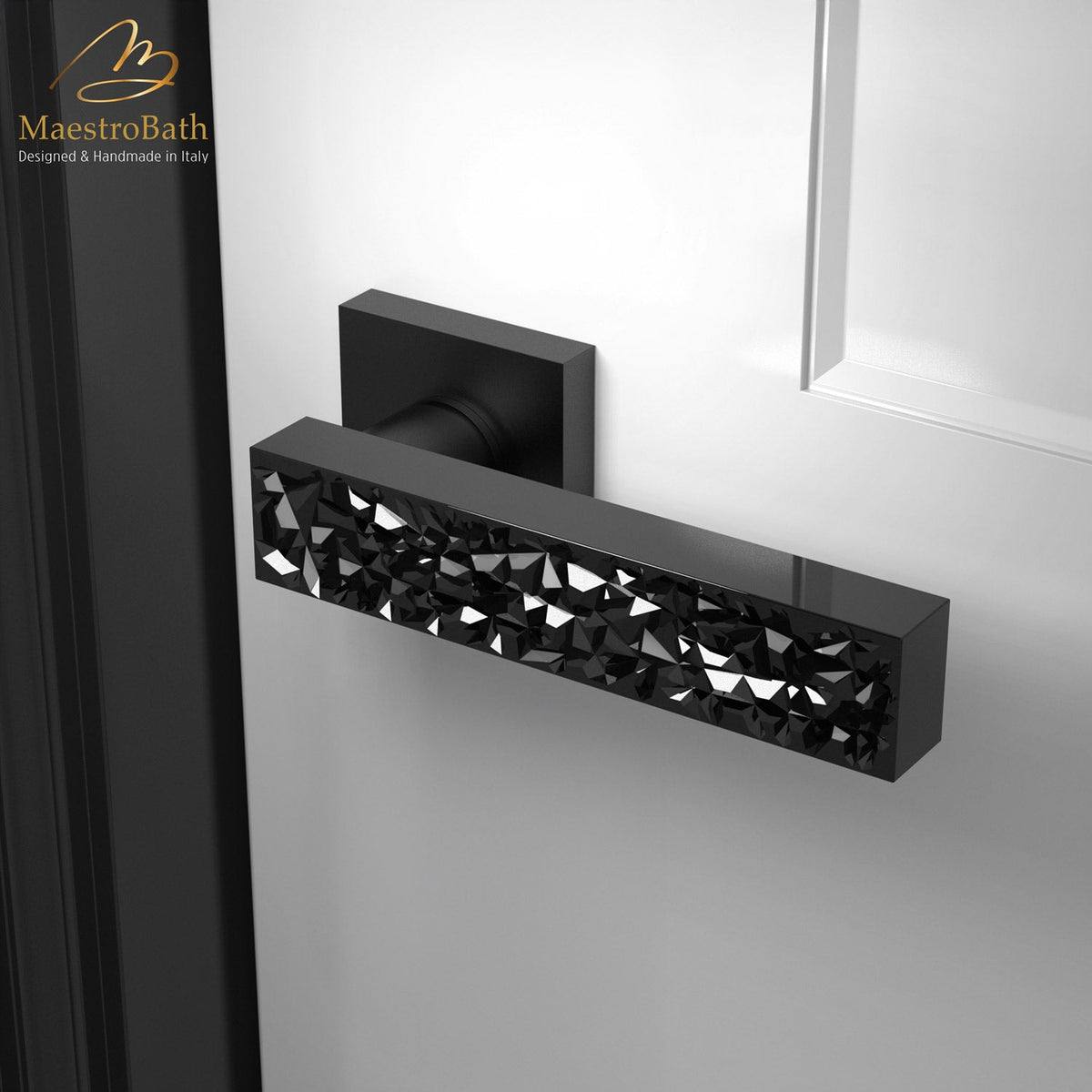 Modern Cut Crystal Door Handle, shown in black, 2 inch by 2 inch by 5.3 inch