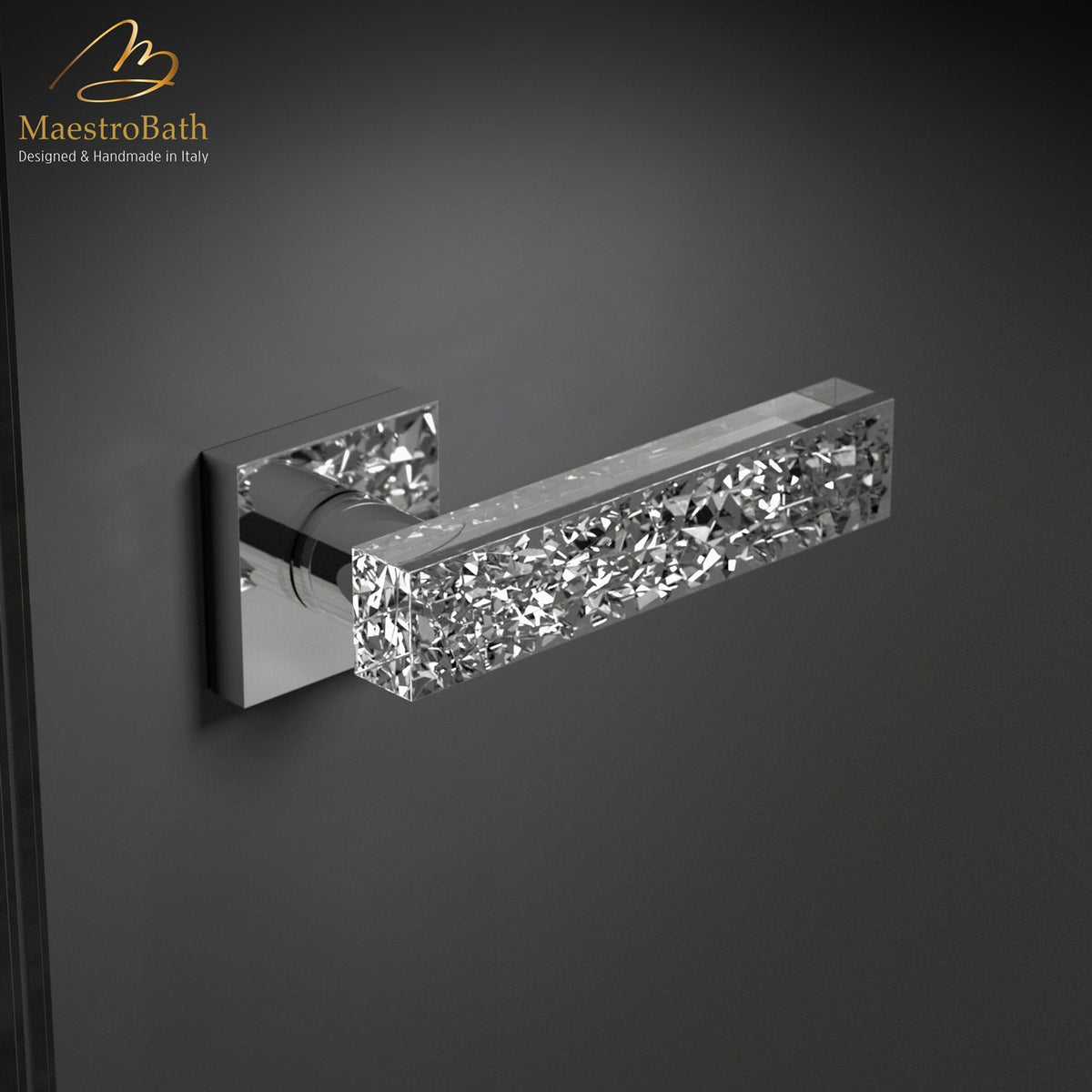 Cut Crystal Door Handle, shown in transparent handle and chrome hardware, 2 inch by 2 inch by 5.3 inch