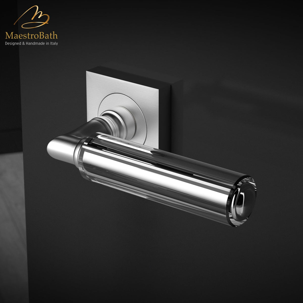 Brass and crystal door handle, shown in clear and brushed chrome, 5.5 inch by 1.9 inch by 2.5 inch