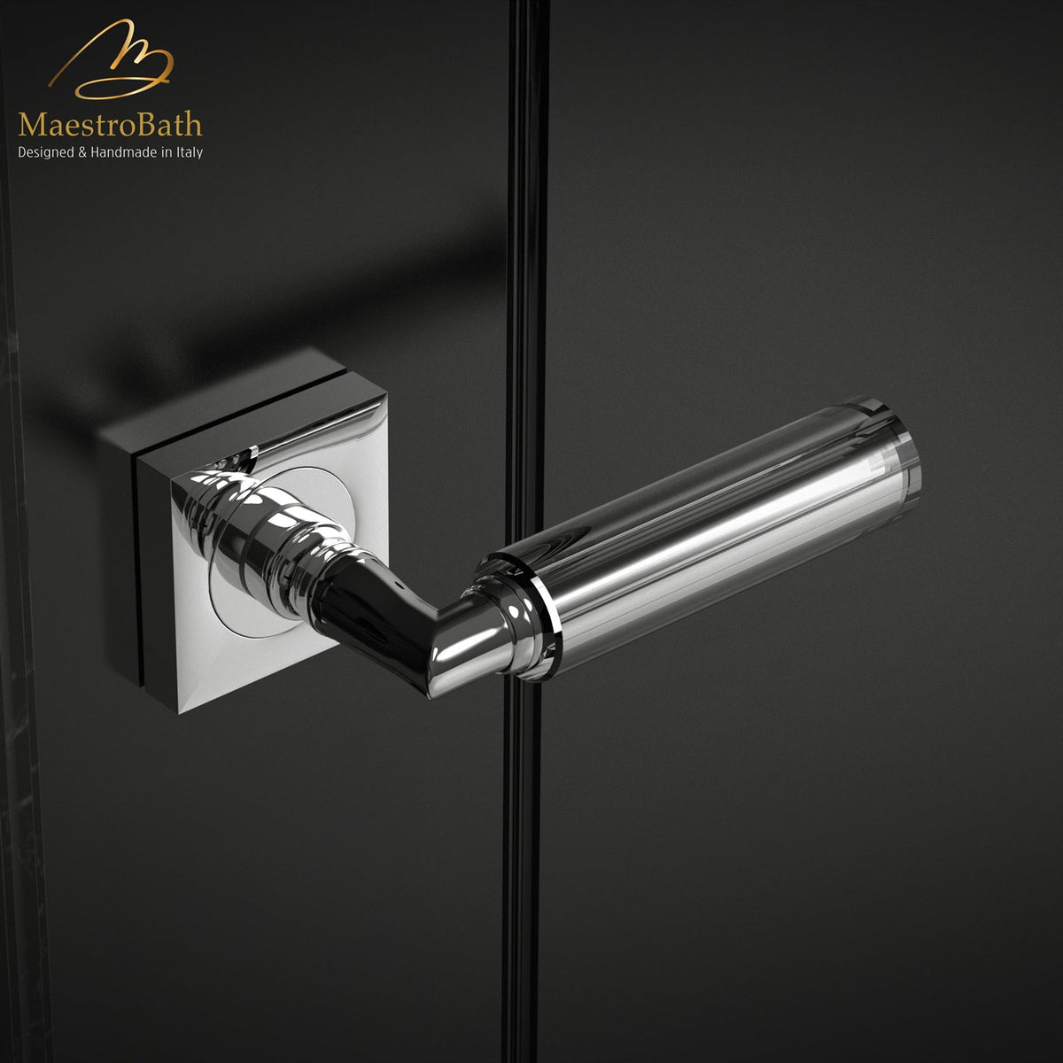 Brass and crystal door handle, shown in clear and chrome, 5.5 inch by 1.9 inch by 2.5 inch