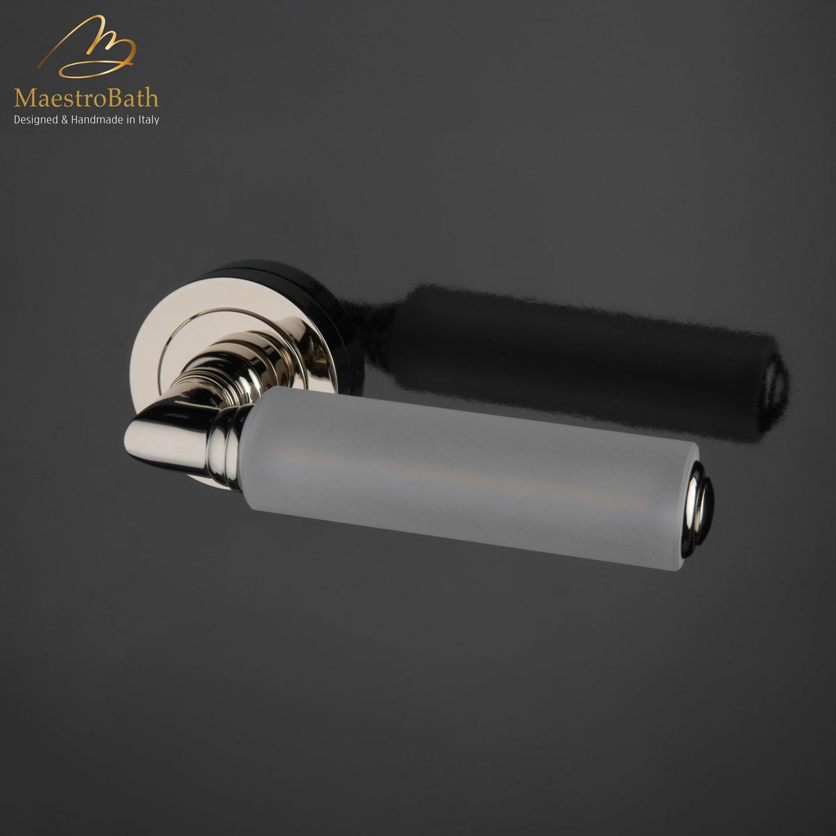 Brass and crystal door handle, shown in matte and champagne, 5.5 inch by 1.9 inch by 2.5 inch