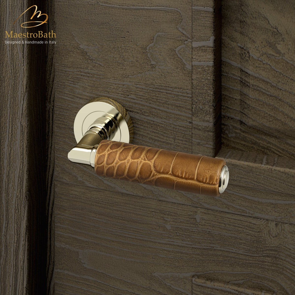 Brass and leather door handle, shown in caramel and champagne, 5.5 inch by 1.9 inch by 2.5 inch