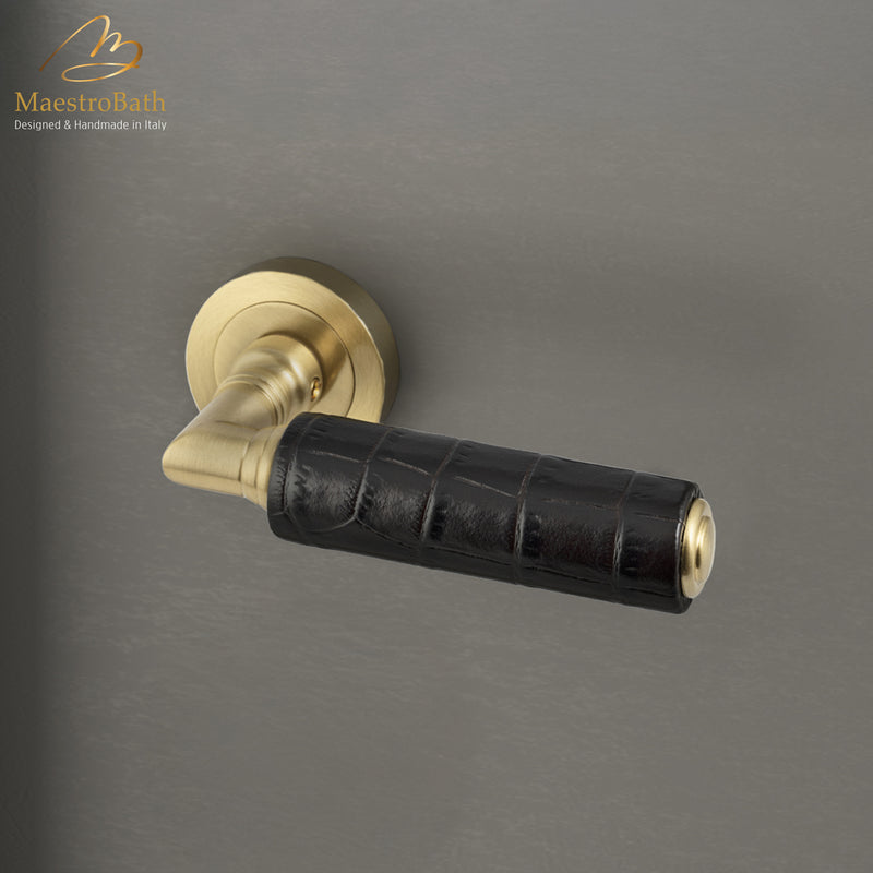 KIK Leather Door Handle | Dark Brown/Brushed Brass