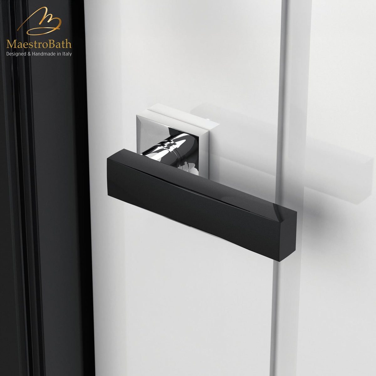 Modern Crystal Door Handle, shown in black, 2 inch by 2 inch by 5.3 inch