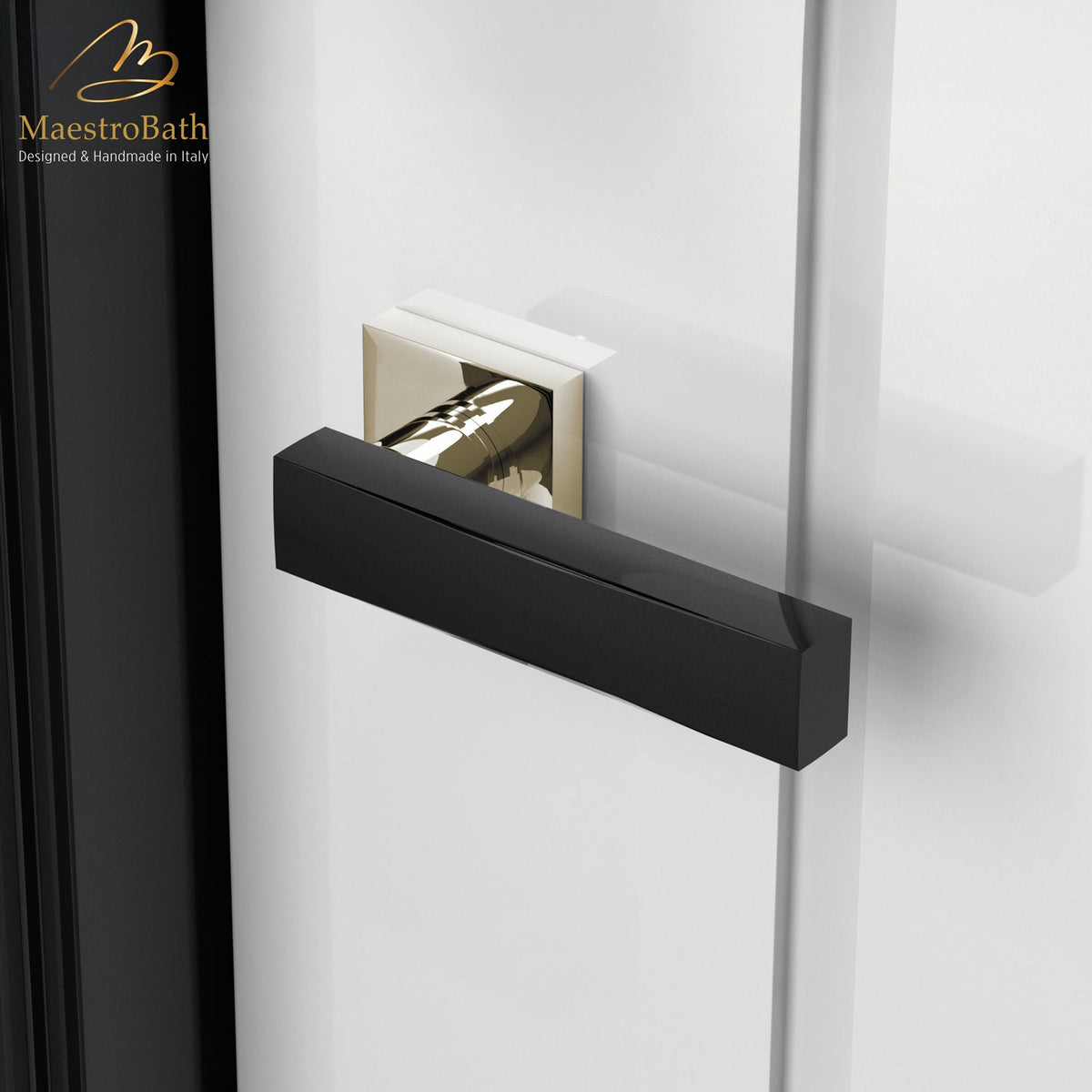 Brass and crystal door handle, shown in black and polished brass, 5.3 inch by 2 inch by 2 inch