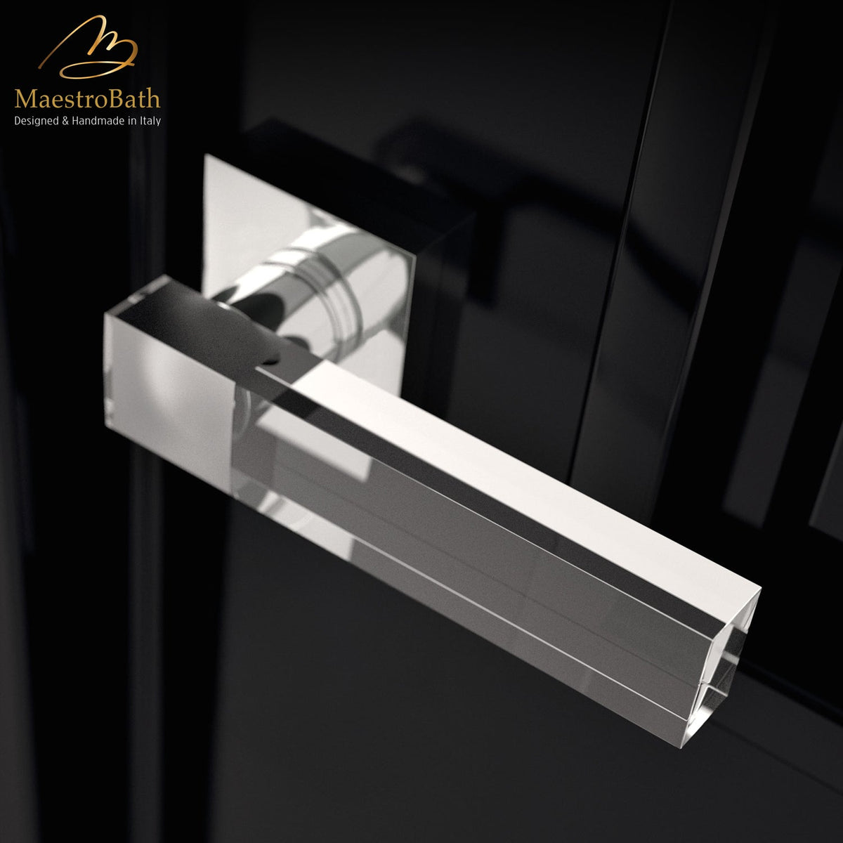 Ultra Modern Crystal Door Handle, shown in transparent, 2 inch by 2 inch by 5.3 inch