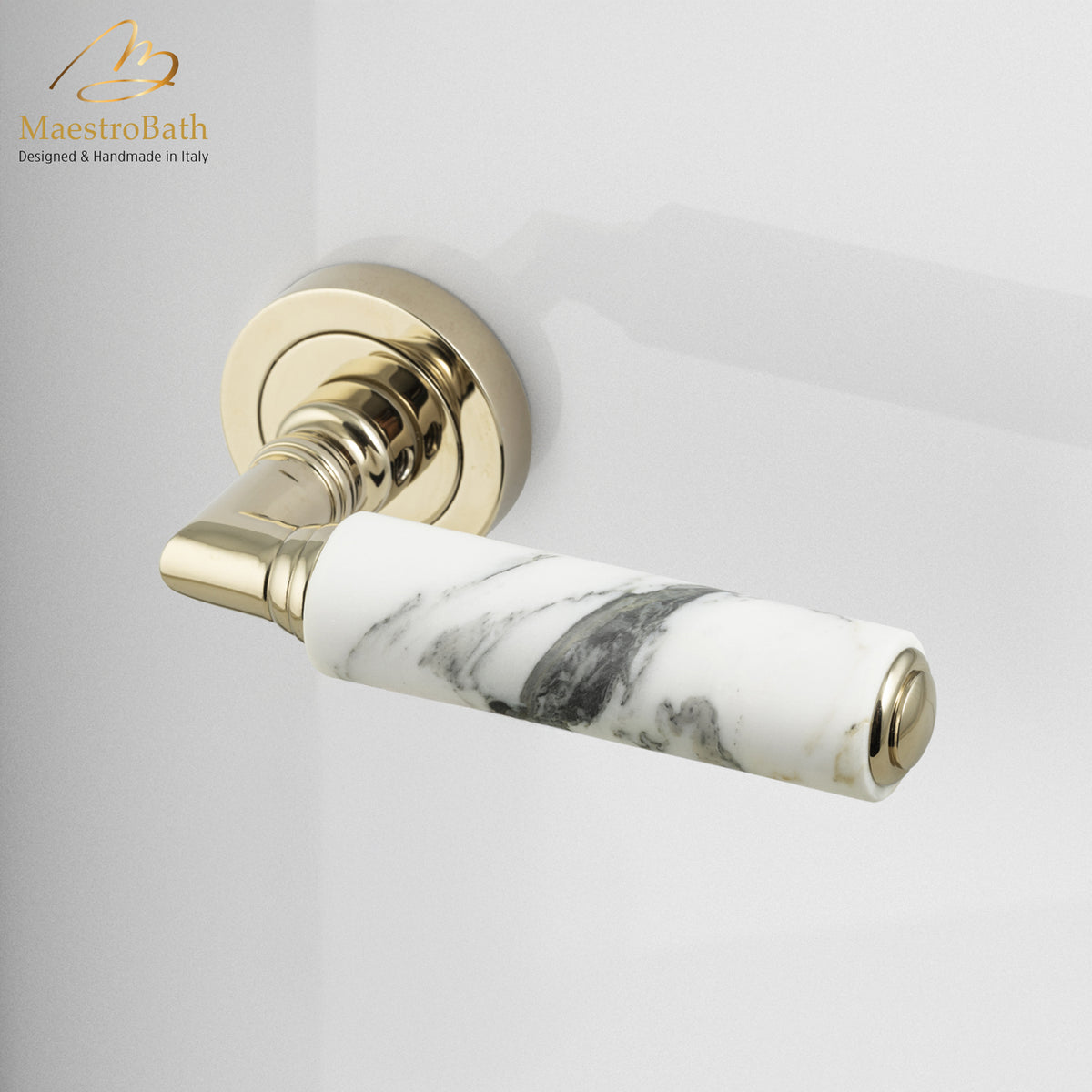 Brass and marble door handle, shown in white and champagne, 5.5 inch by 1.9 inch by 2.5 inch