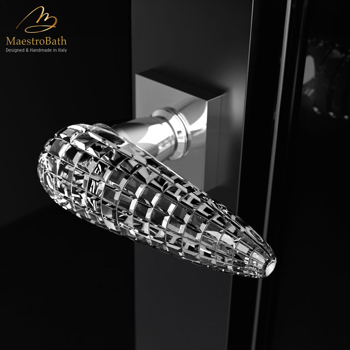 Designer Crystal Door Handle, shown in transparent handle and chrome hardware, 3.5 inch by 2 inch by 5.1 inch