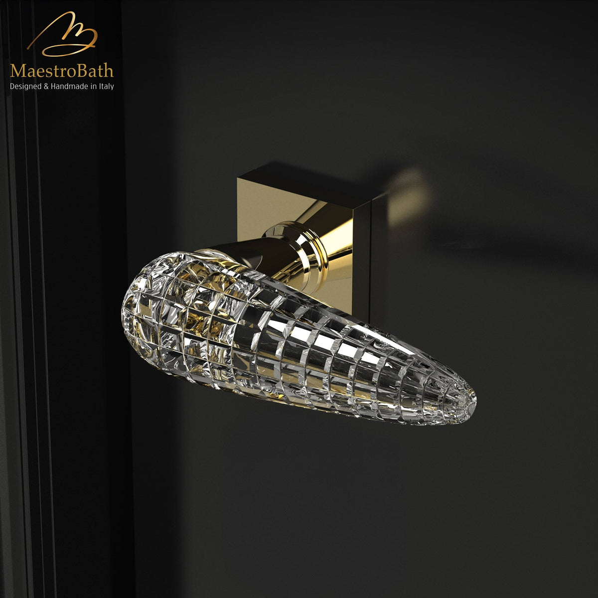 Contemporary Crystal Door Handle, shown in transparent handle and gold hardware, 3.5 inch by 2 inch by 5.1 inch