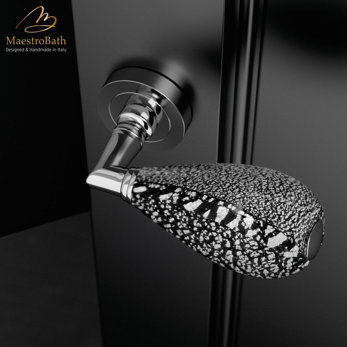 Brass and Murano glass door handle, shown in chrome, 5.3 inch by 1.9 inch by 3.1 inch