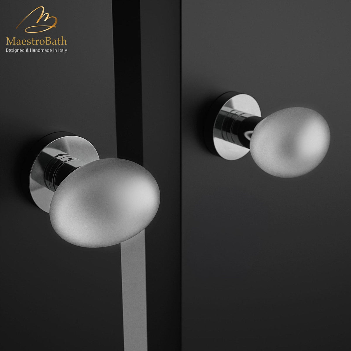 Brass and crystal door handle, shown in matte chrome, 2.7 inch