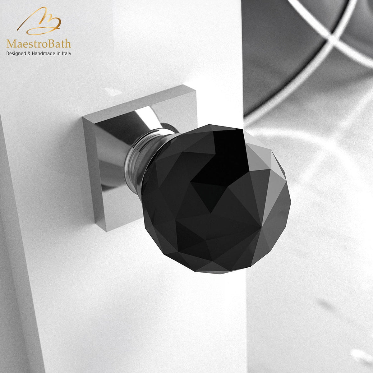 Brass and crystal door handle, shown in black and chrome, 2 inch by 1.9 inch by 2.9 inch