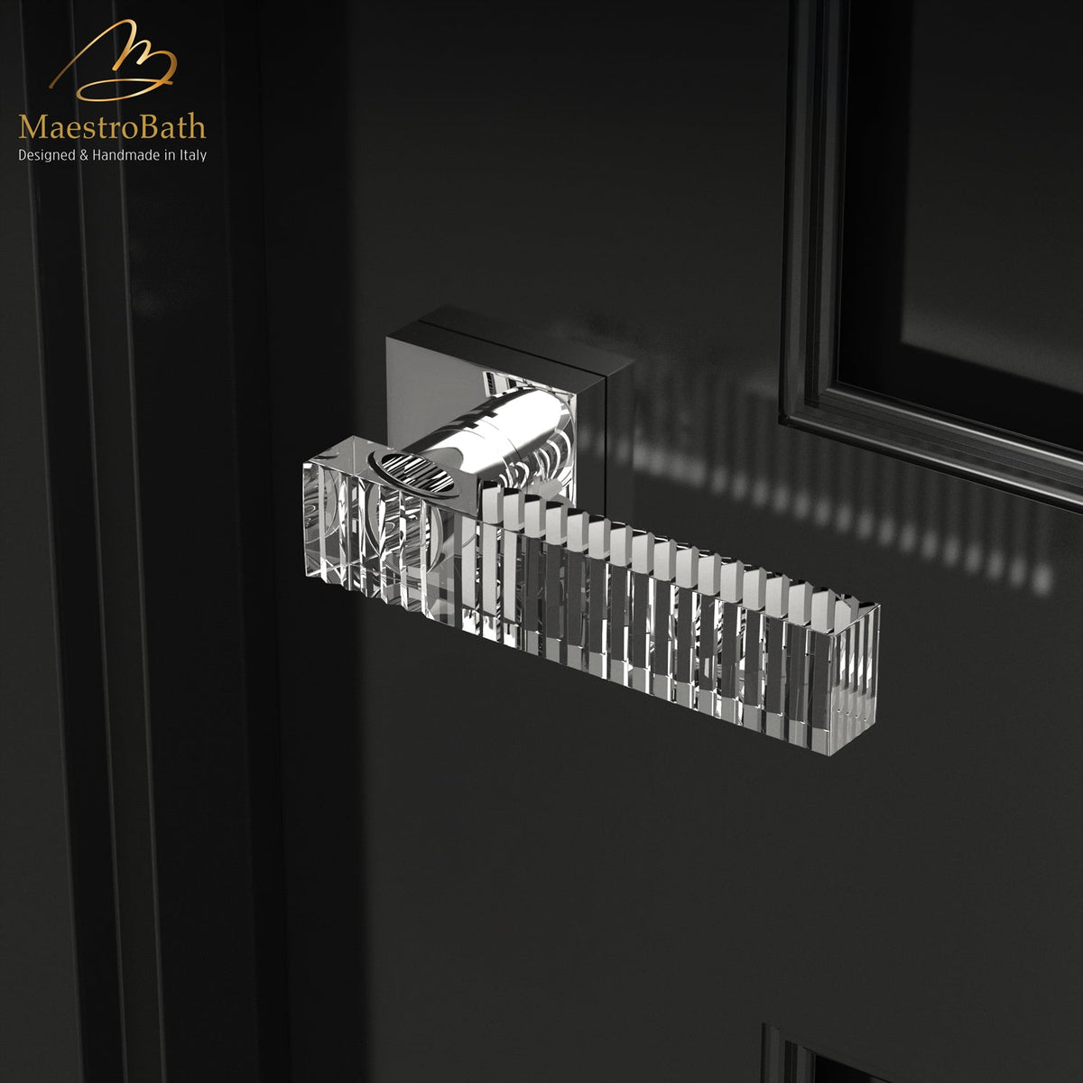Brass and crystal door handle, shown in clear and chrome, 5.3 inch by 2 inch by 2 inch