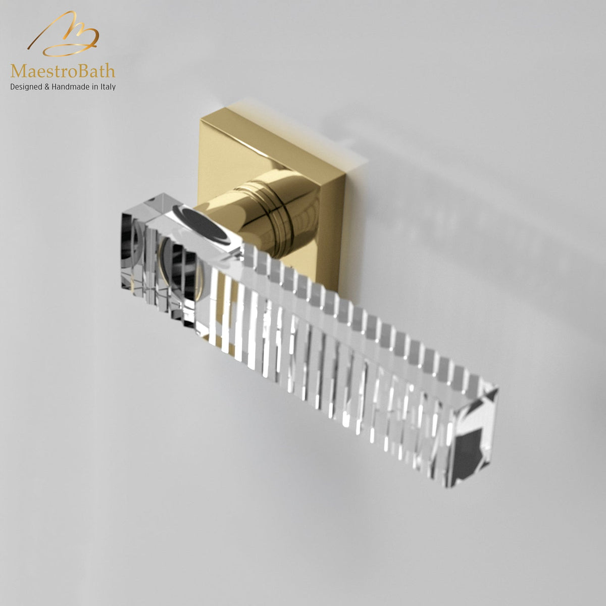 Brass and crystal door handle, shown in clear and polished brass, 5.3 inch by 2 inch by 2 inch