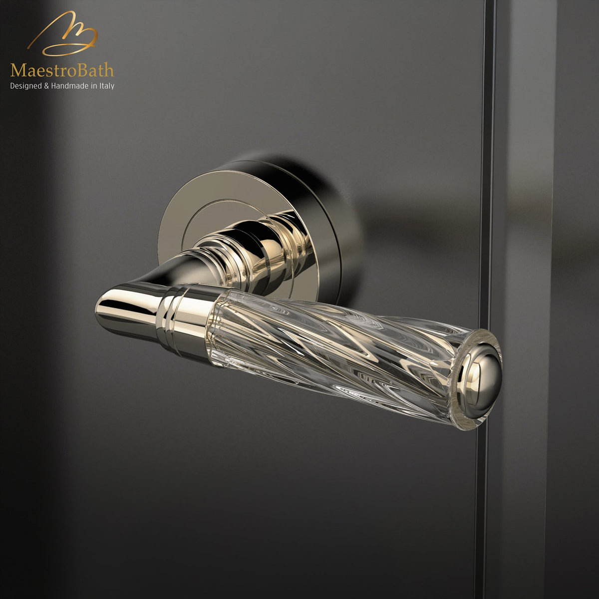 Brass and crystal door handle, shown in clear and champagne, 5.2 inch by 1.9 inch by 2.5 inch