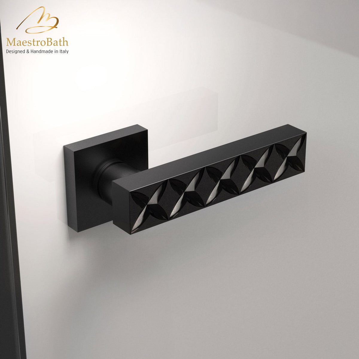 Crystal door handle, shown in black, 2 inch by 2 inch by 5.3 inch