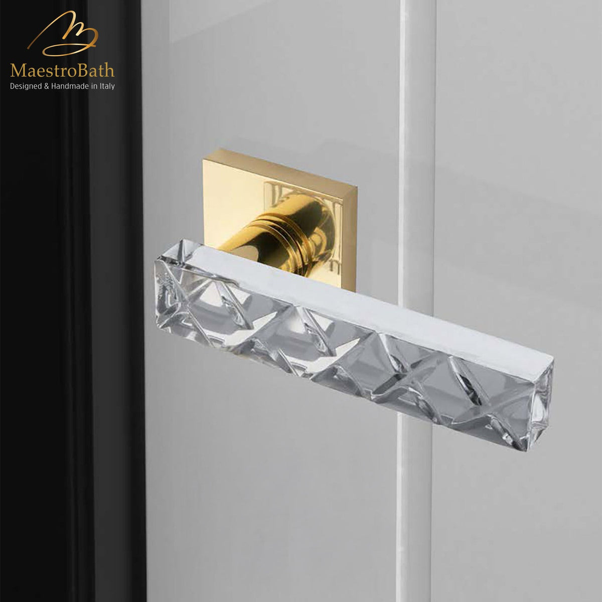 Xeni Crystal Door Handle, shown in clear and polished brass, 5.3 inch by 2 inch by 2 inch
