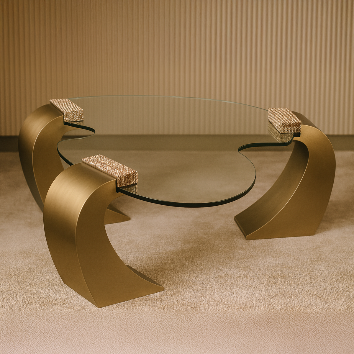 Sculptural Glass Coffee Table, 70 inch by 38 inch by 17.5 inch