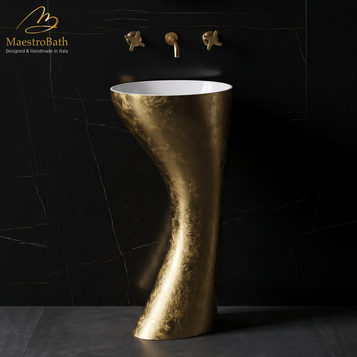Swan Luxury Pedestal Sink, shown in gold, 17.7 inch by 17.7 inch and 35.4 inch high #color_gold leaf