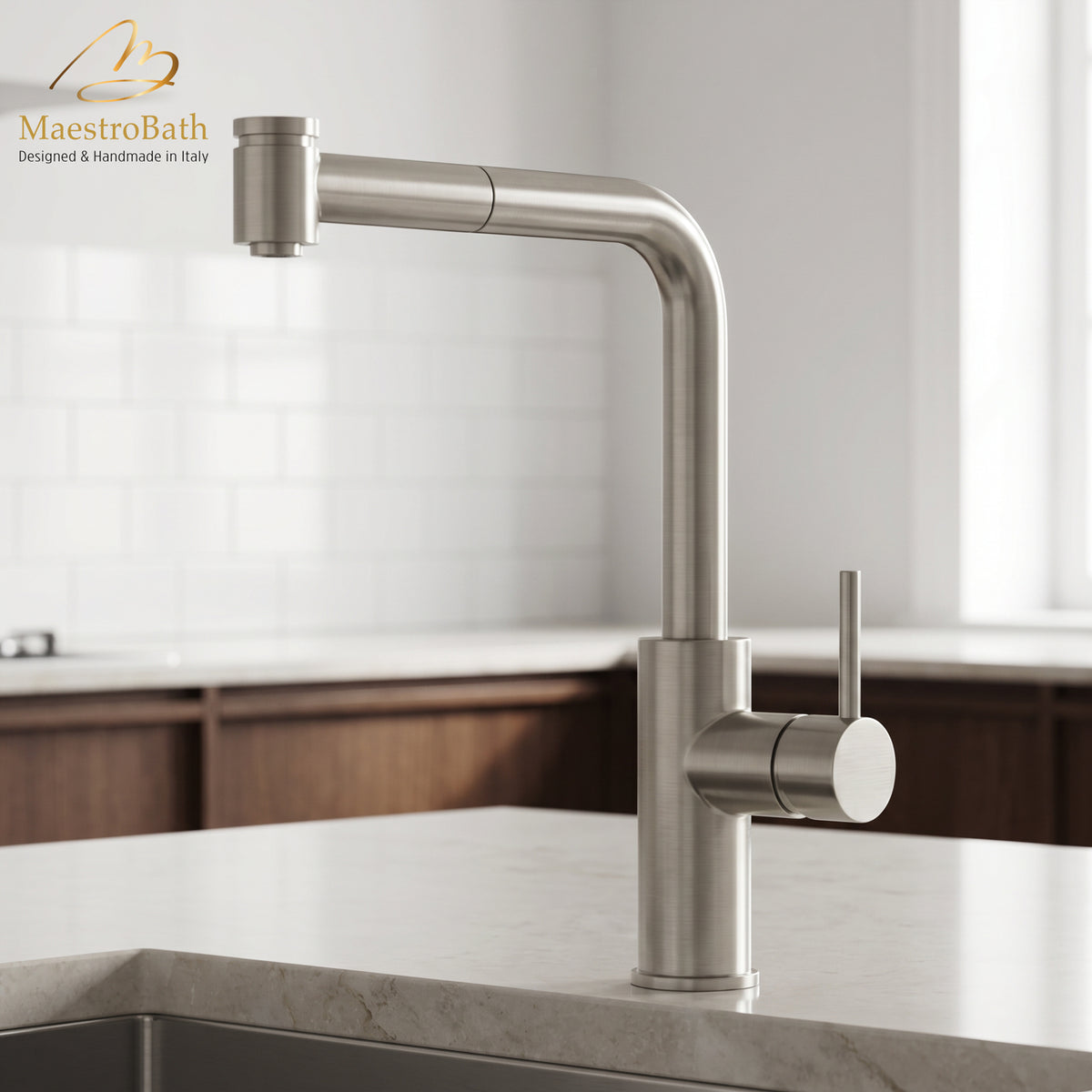 Deck mounted brass kitchen faucet, shown in polished chrome, with pull out spray, 14 inch by 8 inch by 12 inch #color_brushed nickel