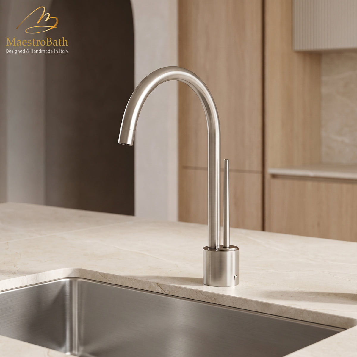 Deck mounted brass kitchen faucet, shown in brushed nickel, 15 inch by 7.5 inch by 10.5 inch, made of lead-free brass
