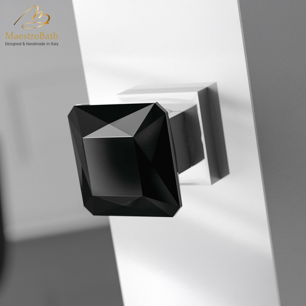 Modern Crystal Door Handle, shown in black, 2.3 inch by 2.3 inch by 2.3 inch