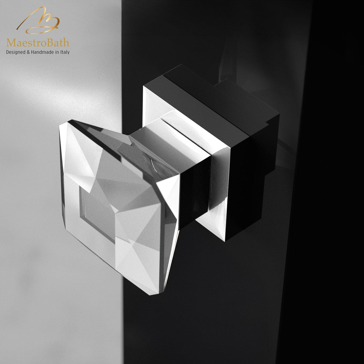 Modern Crystal Door Handle, shown in transparent, 2.3 inch by 2.3 inch by 2.3 inch