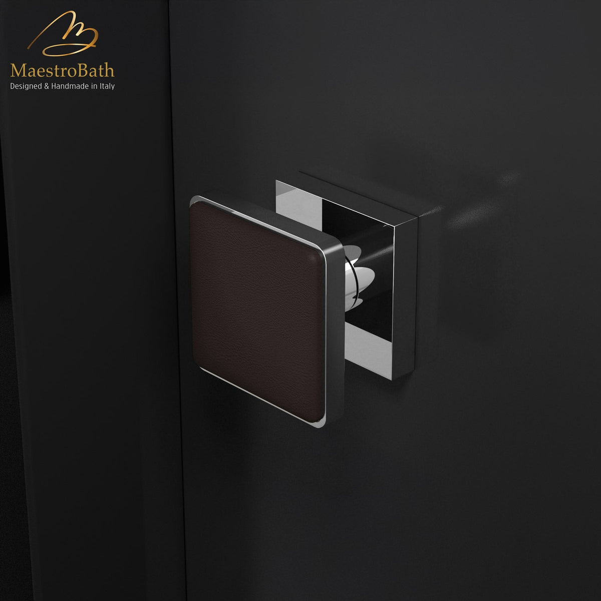 Modern Leather Door Handle, shown in black and chrome, 2.3 inch by 2.3 inch by 1.9 inch