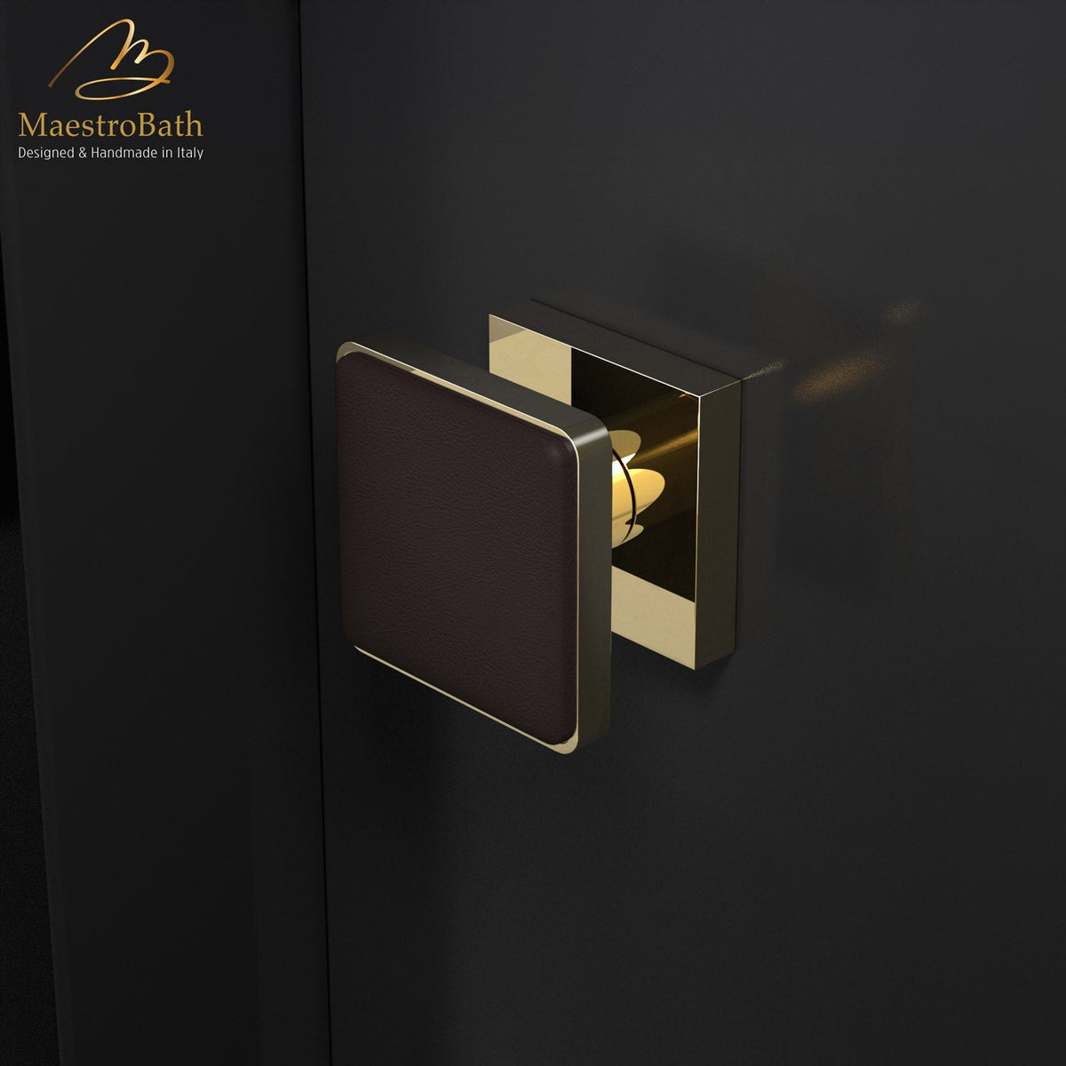 Modern Leather Door Handle, shown in black and gold, 2.3 inch by 2.3 inch by 1.9 inch