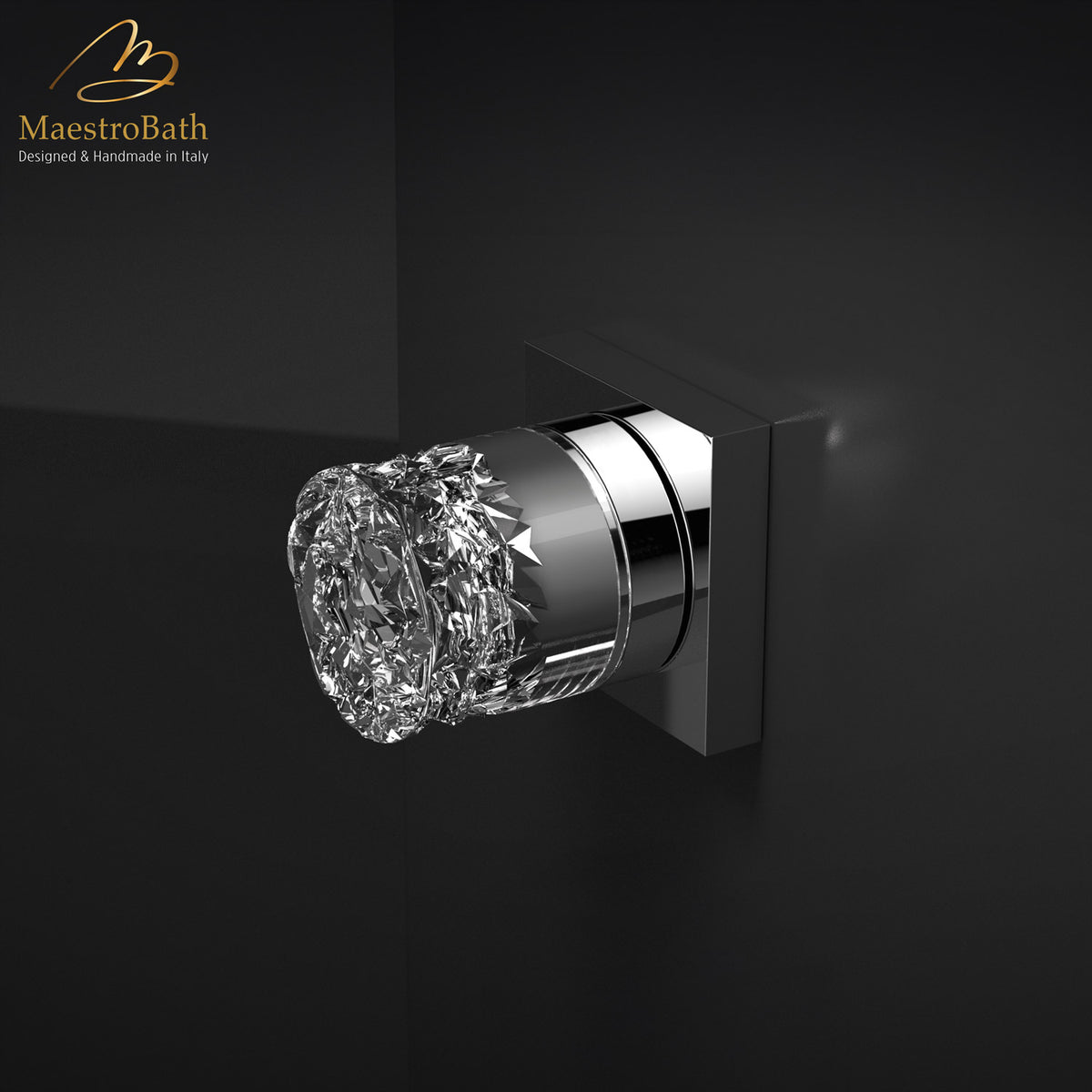 Luxury Crystal Door Handle, shown in chrome, 2 inch by 2 inch by 2.2 inch