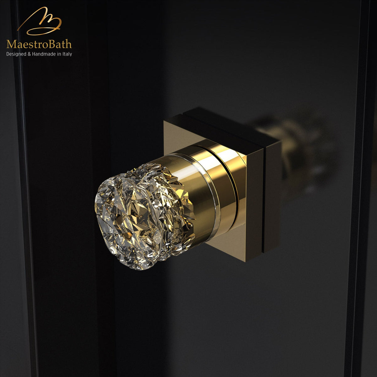 Luxury Crystal Door Handle, shown in gold, 2 inch by 2 inch by 2.2 inch