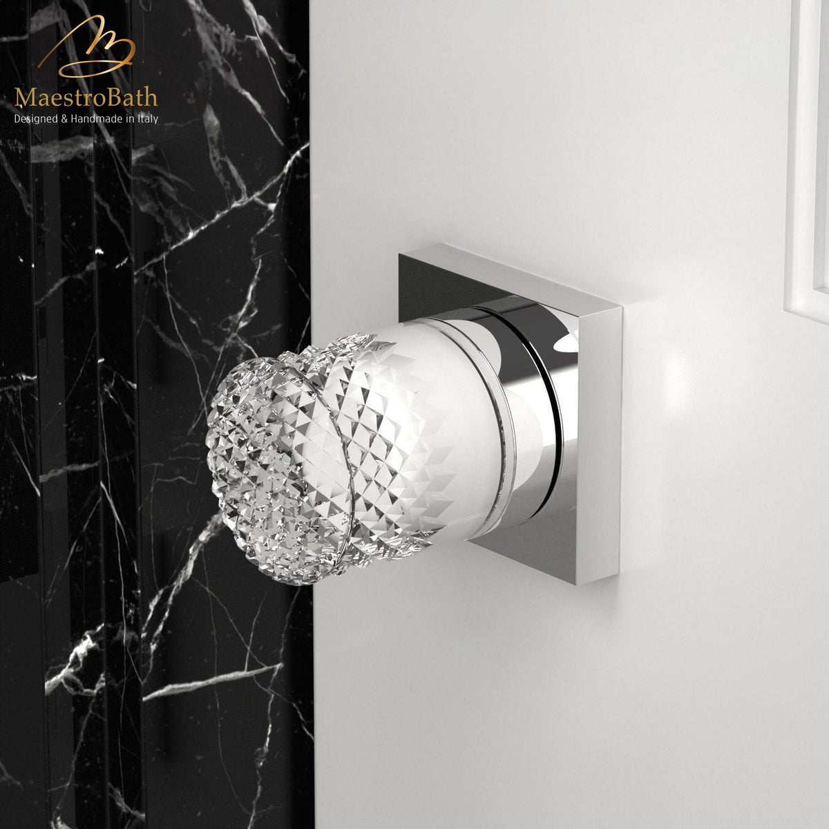 Handmade Crystal Door Handle, shown in chrome, 2 inch by 2 inch by 2.2 inch