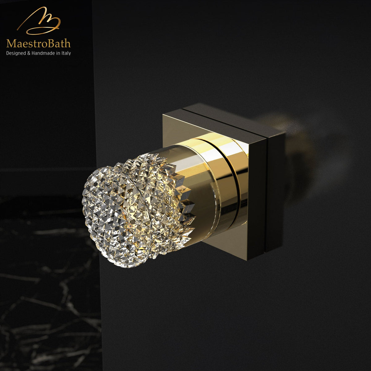Handmade Crystal Door Handle, shown in gold, 2 inch by 2 inch by 2.2 inch