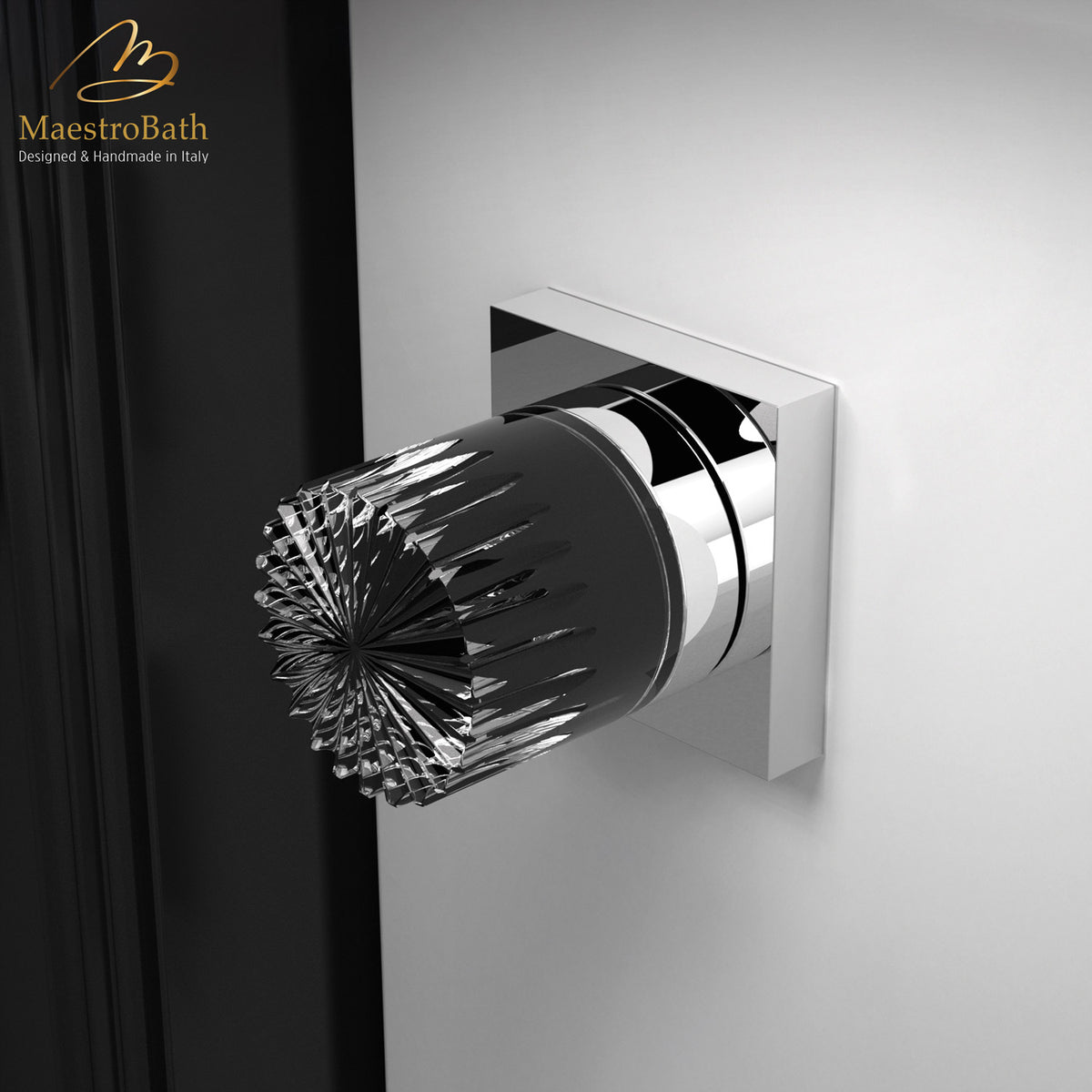 Modern Crystal Door Handle, shown in black, 2 inch by 2 inch by 2.2 inch
