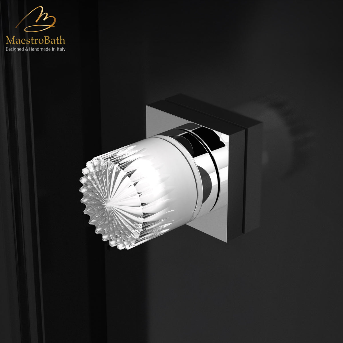 Fancy Crystal Door Handle, shown in chrome, 2 inch by 2 inch by 2.2 inch