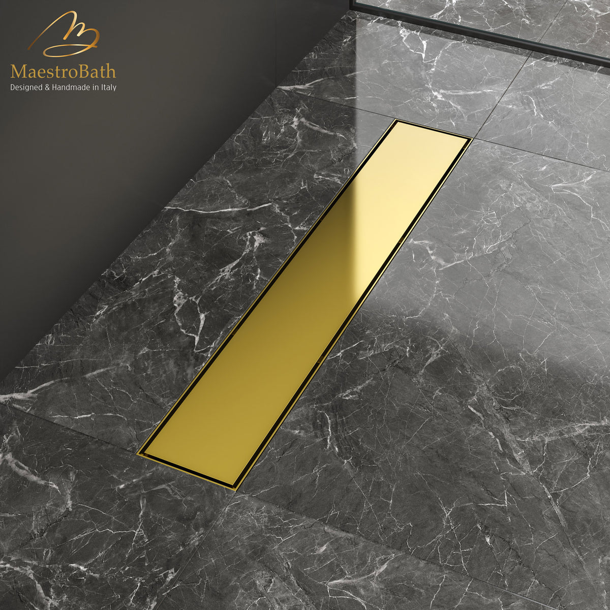 Brass linear shower drain, shown in polished gold, 23.6 inch by 3.9 inch by 0.9 inch, made of lead-free brass