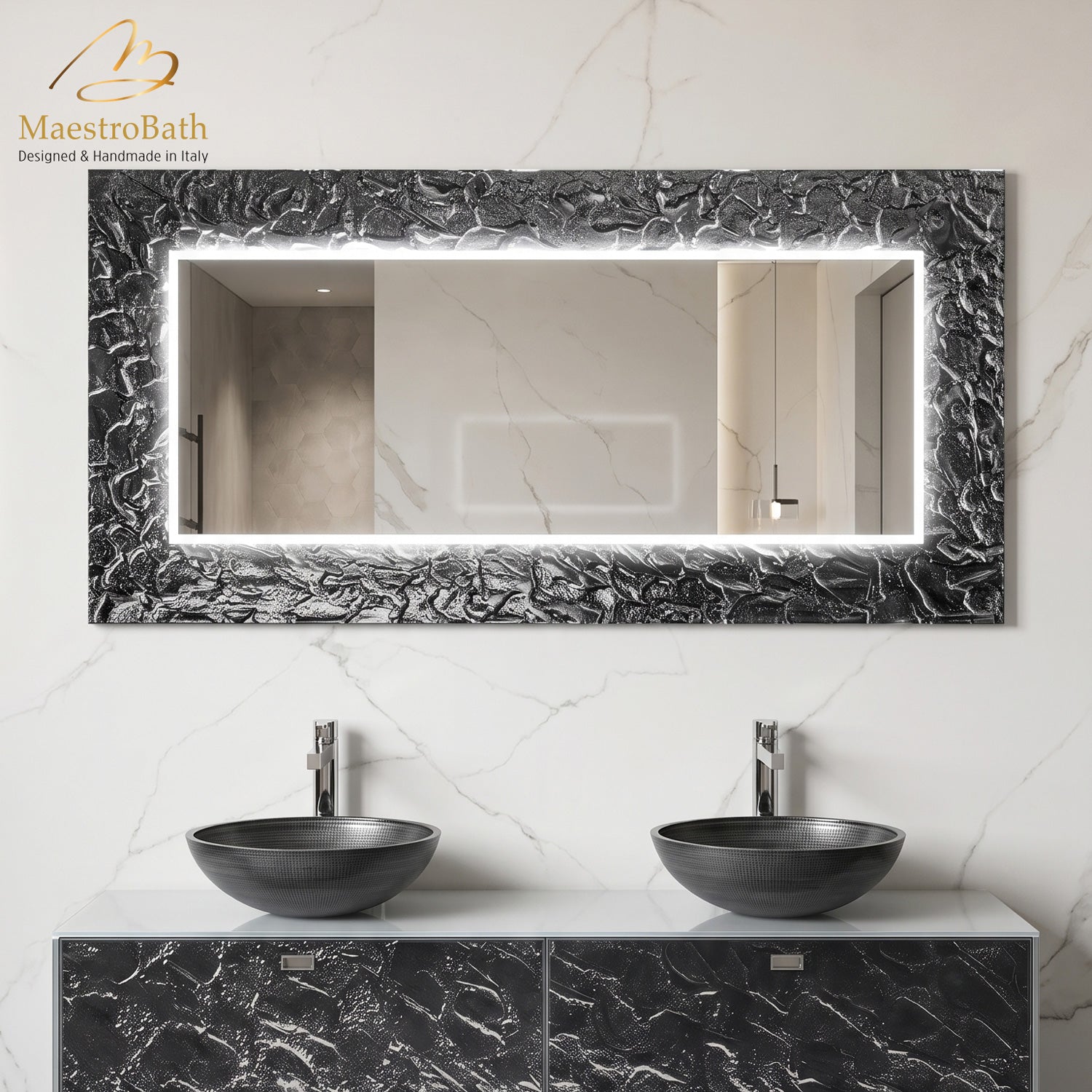 Wall mounted Murano glass bathroom vanity mirror, shown in white mirror, with LED lighting, 62.9 inch wide by 31.4 inch high
