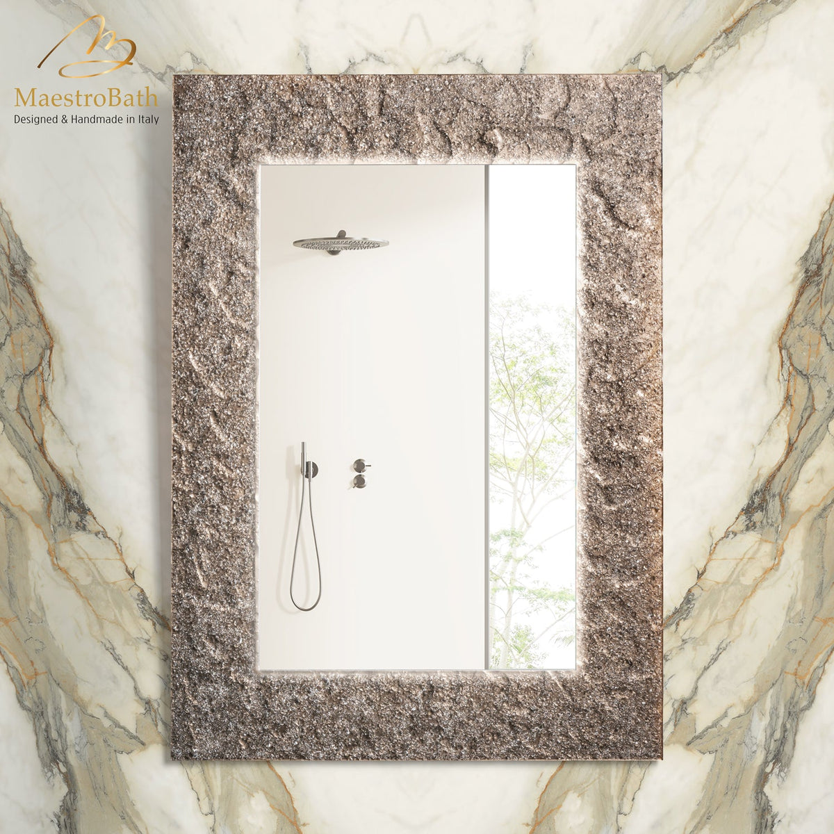 Wall mounted Murano glass bathroom vanity mirror, shown in bronze crystals, 27.6 inch wide by 38.6 inch high