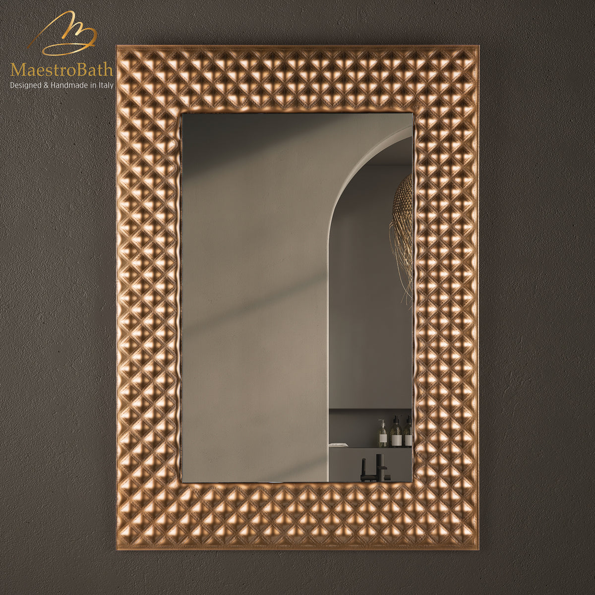 Wall mounted Murano glass bathroom vanity mirror, shown in copper, 26.3 inch wide by 37 inch high