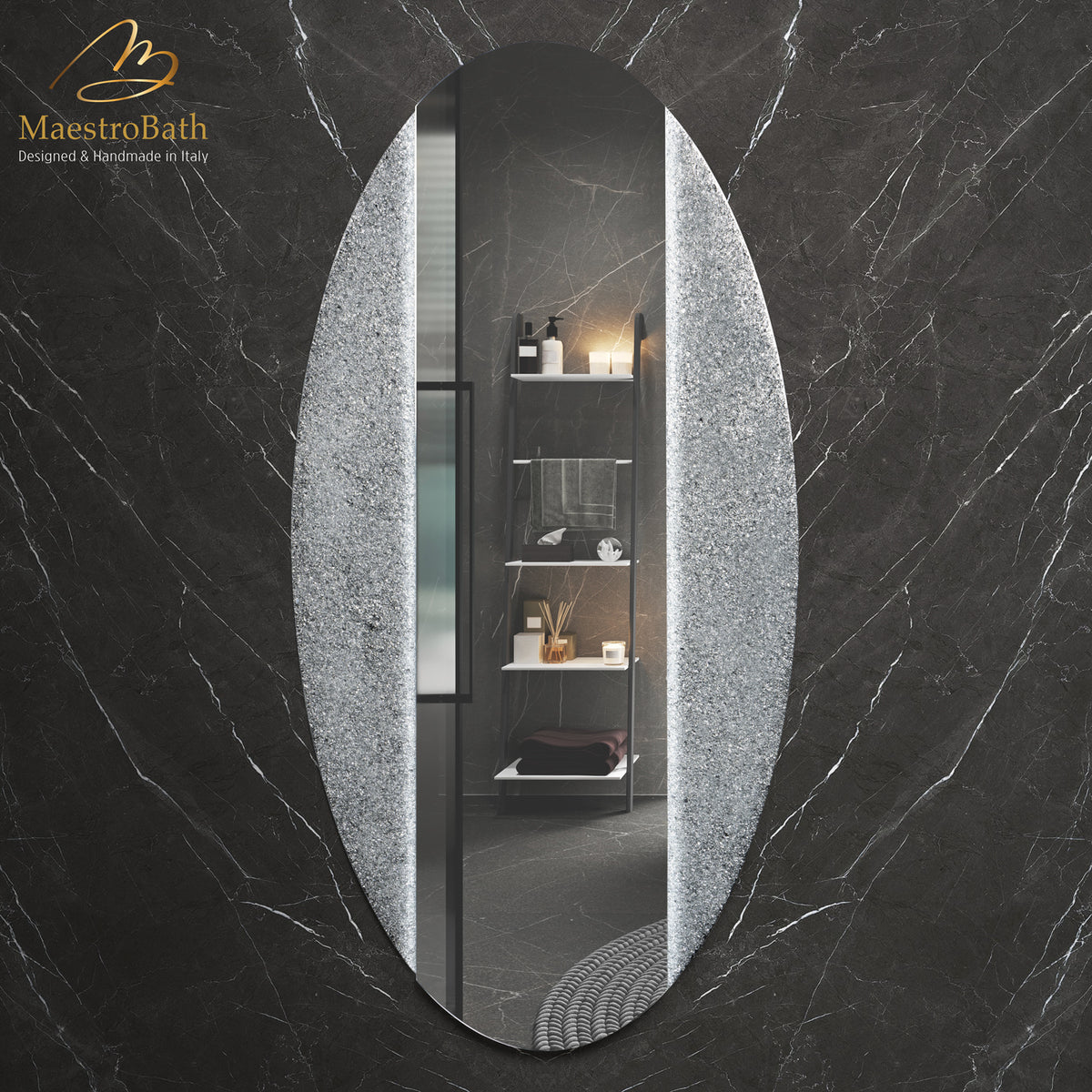 Wall mounted resin and glass bathroom vanity mirror, with LED lighting, 31.4 inch wide by 62.9 inch high #color_silver