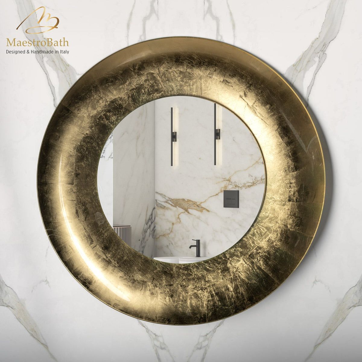 Wall mounted round resin and glass bathroom vanity mirror, 35.4 inch wide by 35.4 inch high
