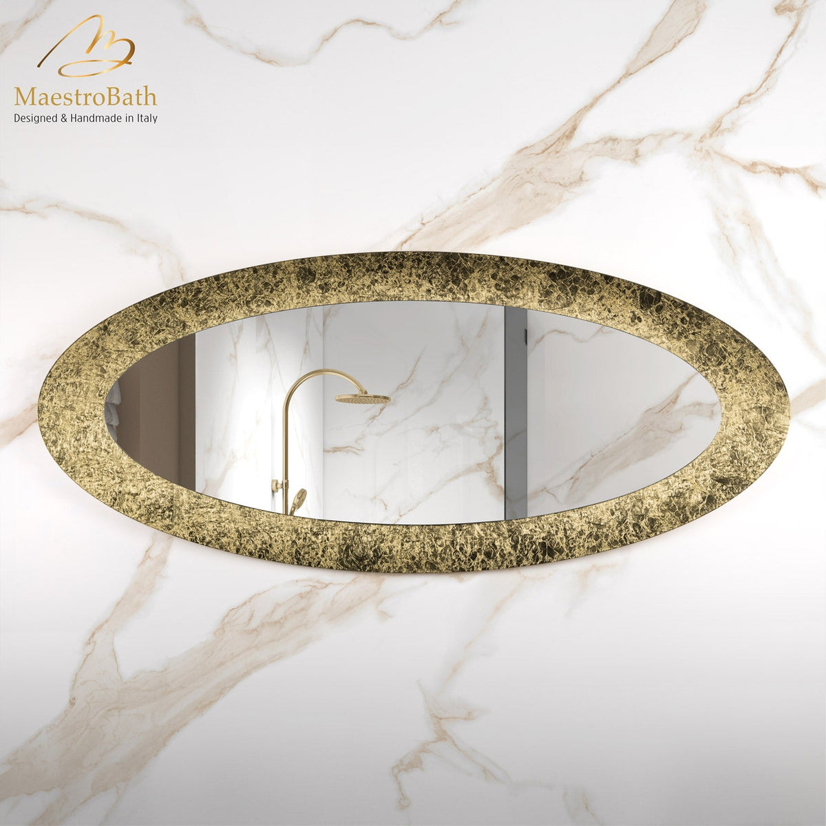 Wall mounted oval resin and glass bathroom vanity mirror, shown in gold leaf, 66.9 inch wide by 27.5 inch high