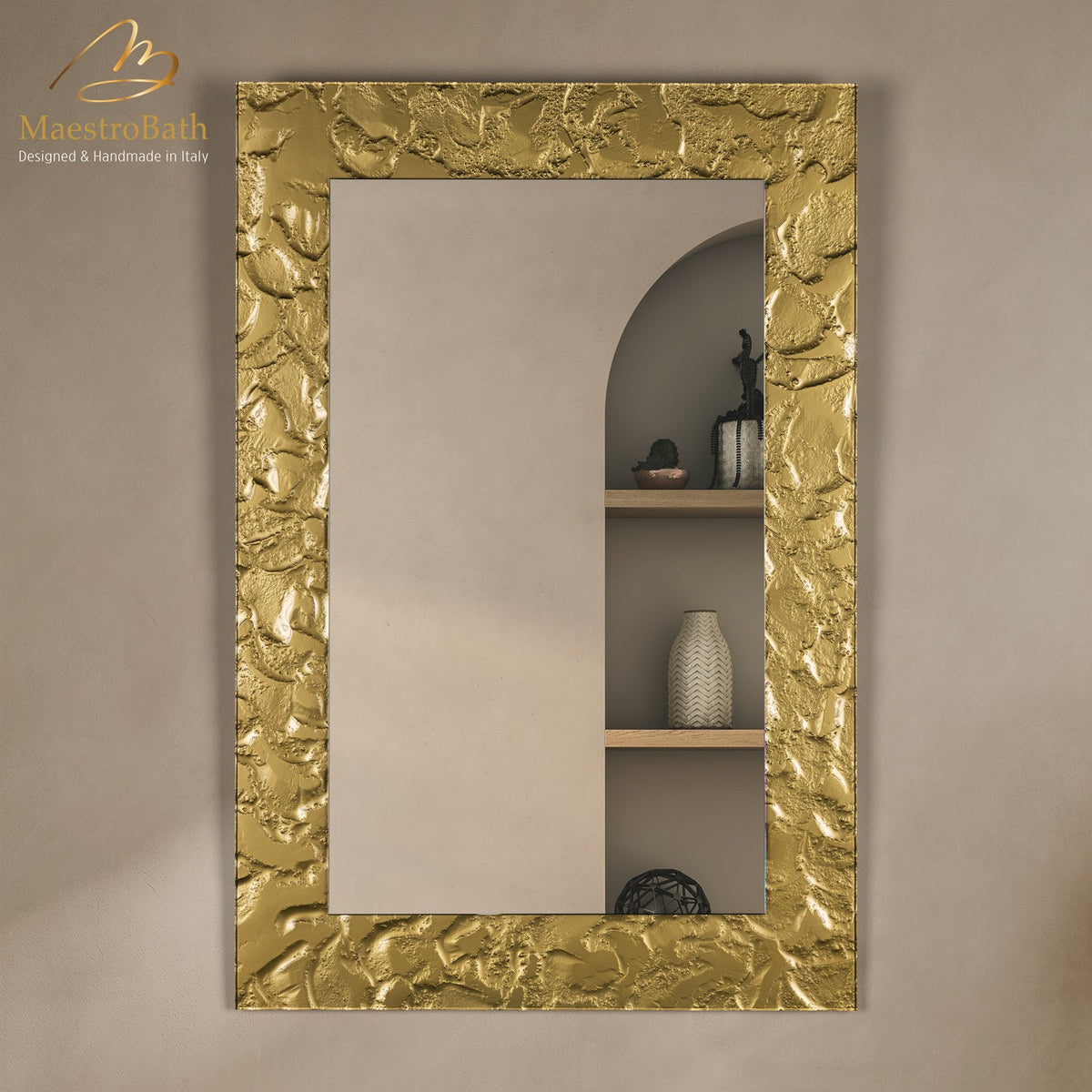 Wall mounted Murano glass bathroom vanity mirror, shown in gold, 25.5 inch wide by 38.1 inch high