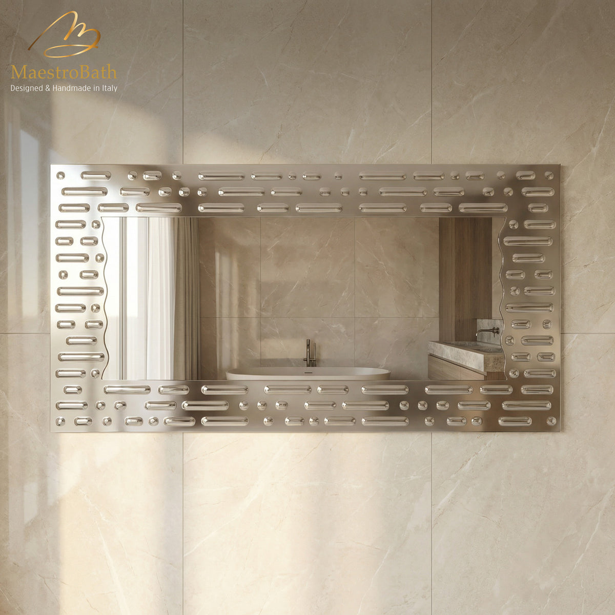 Wall mounted glass bathroom vanity mirror, shown in bronze, 70.8 inch wide by 35.4 inch high