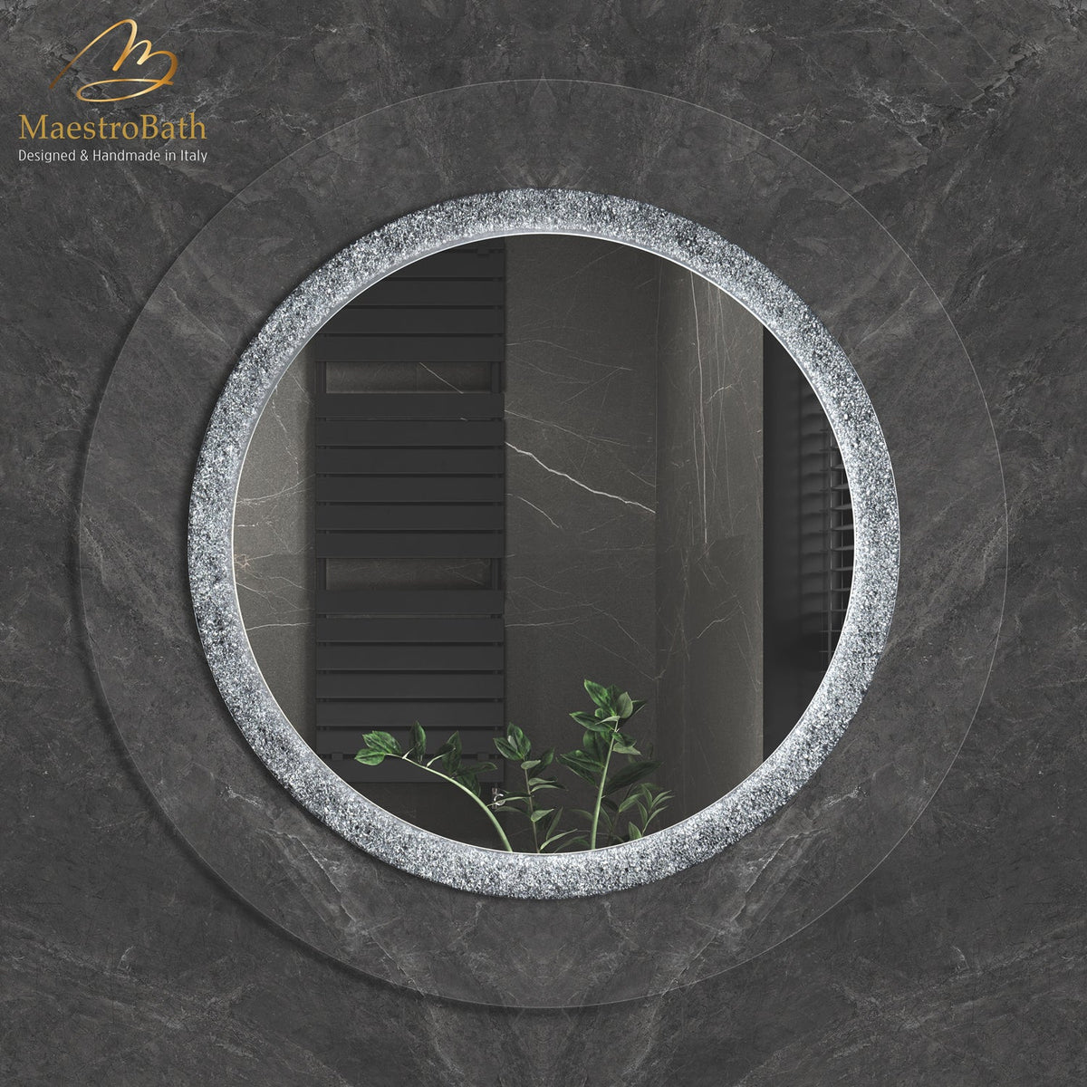 Wall mounted round Murano glass bathroom vanity mirror, with LED lighting, 36 inch wide by 36 inch high