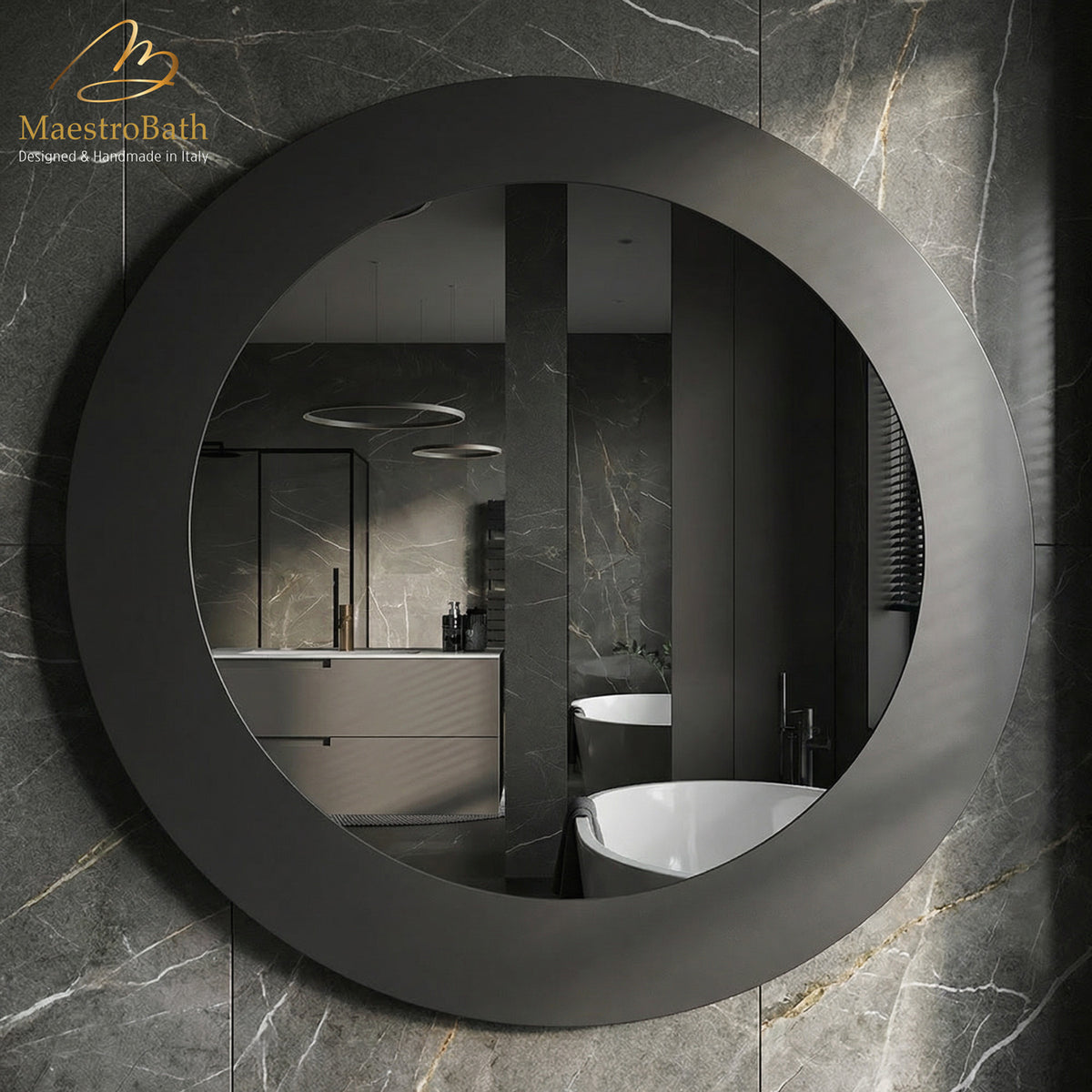 Wall mounted round glass bathroom vanity mirror, shown in black, 27.5 inch wide by 27.5 inch high