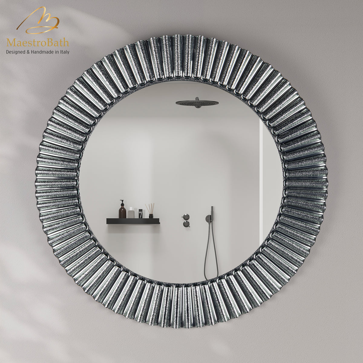 Wall mounted Murano glass bathroom vanity mirror, shown in silver, 37 inch wide by 37 inch high