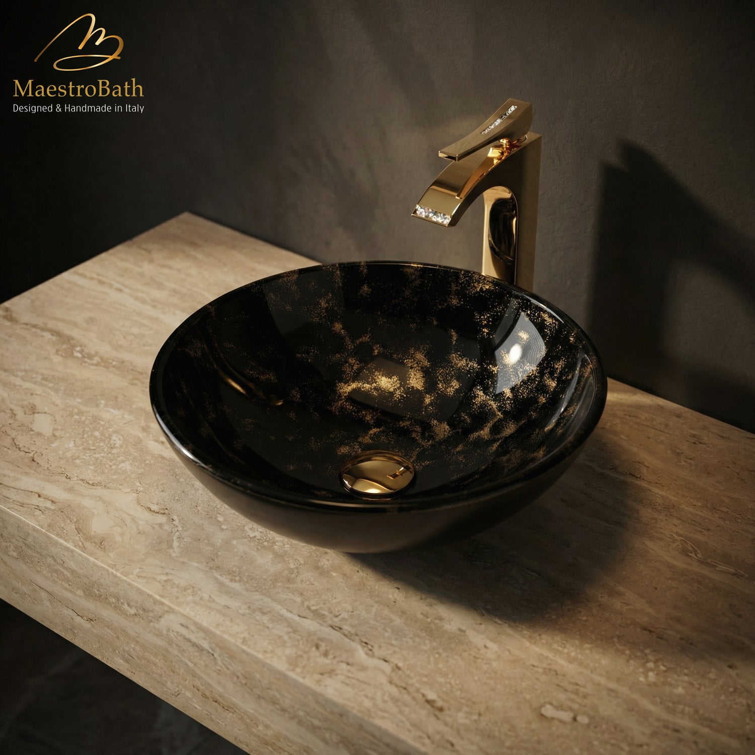 Luxury Round Crystal Vessel Sink #color_black and gold