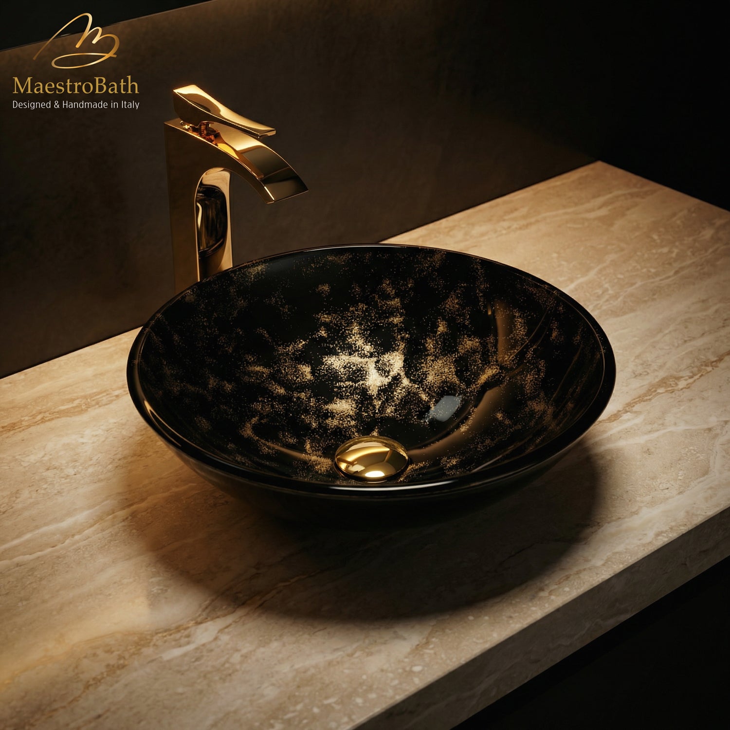 Luxury Round Crystal Vessel Sink #color_black and gold